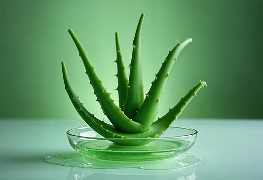 Photo d'une feuille d'aloe vera dans un bol, sur fond vert.